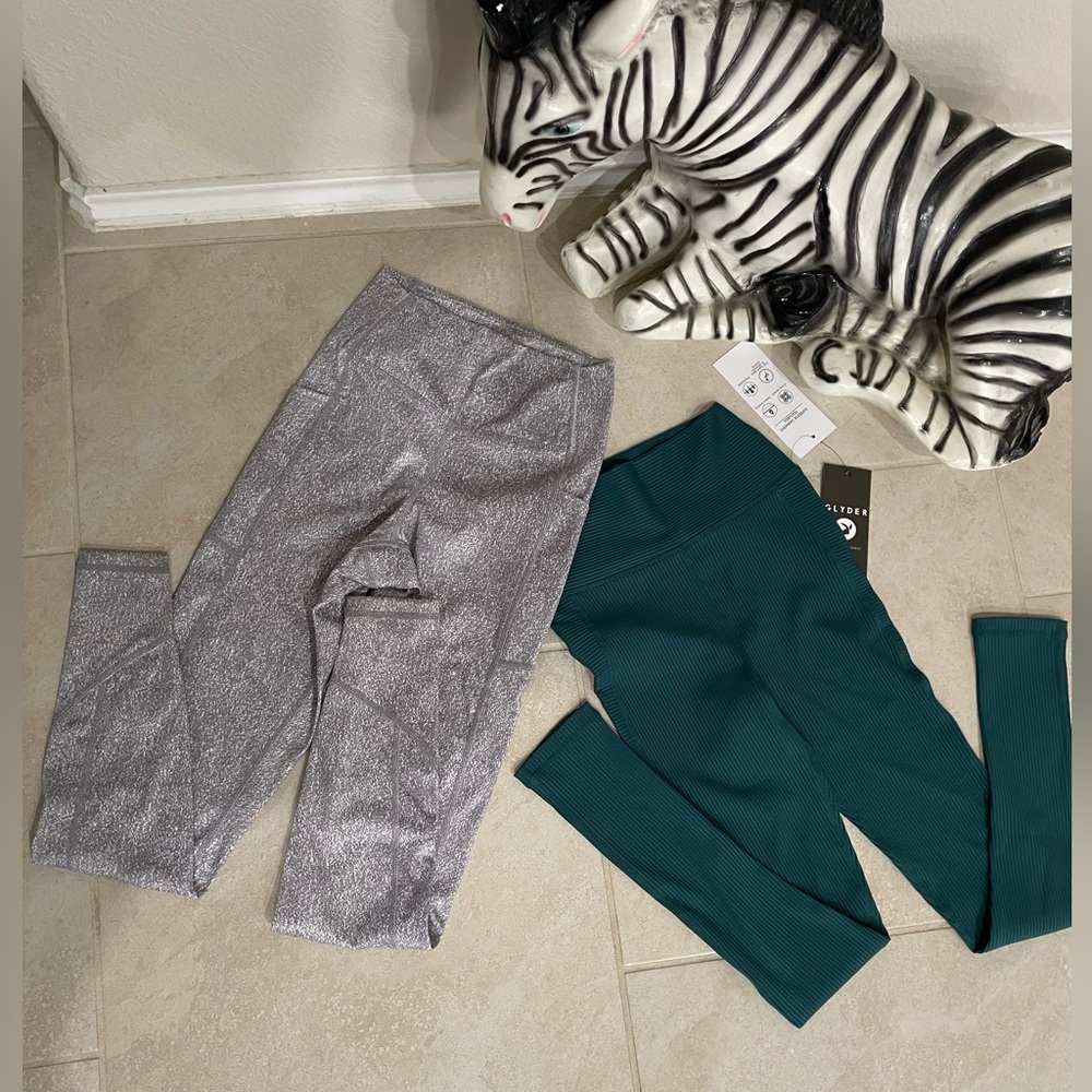 🫟 NWT 2 pair Glyder Leggings XSmall 1 gray 1 green High Rise Workout Pants NEW